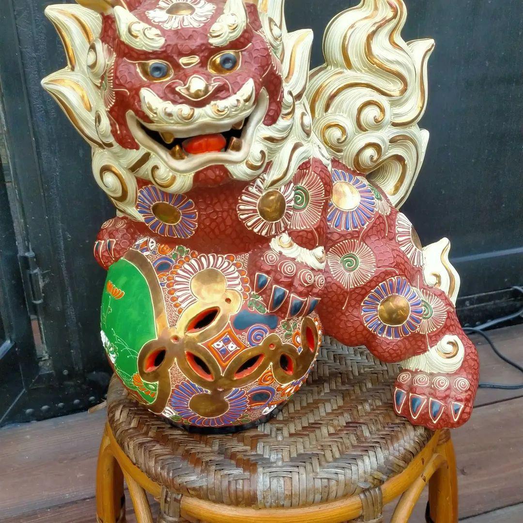 九谷焼獅子金彩玉乗り金彩置物大きいシーサー古美術 陶器製