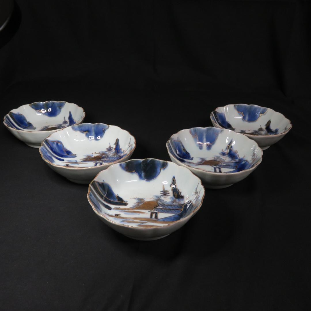 なます皿 山水 金彩 染付 江戸時代 蛇の目高台 夜景 夜図 窯傷