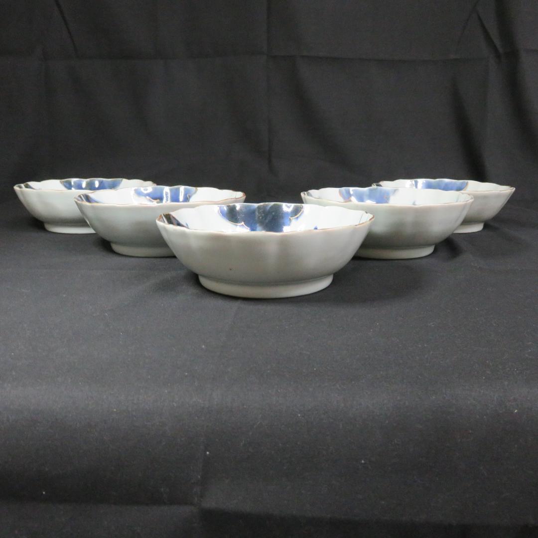 なます皿 山水 金彩 染付 江戸時代 蛇の目高台 夜景 夜図 窯傷