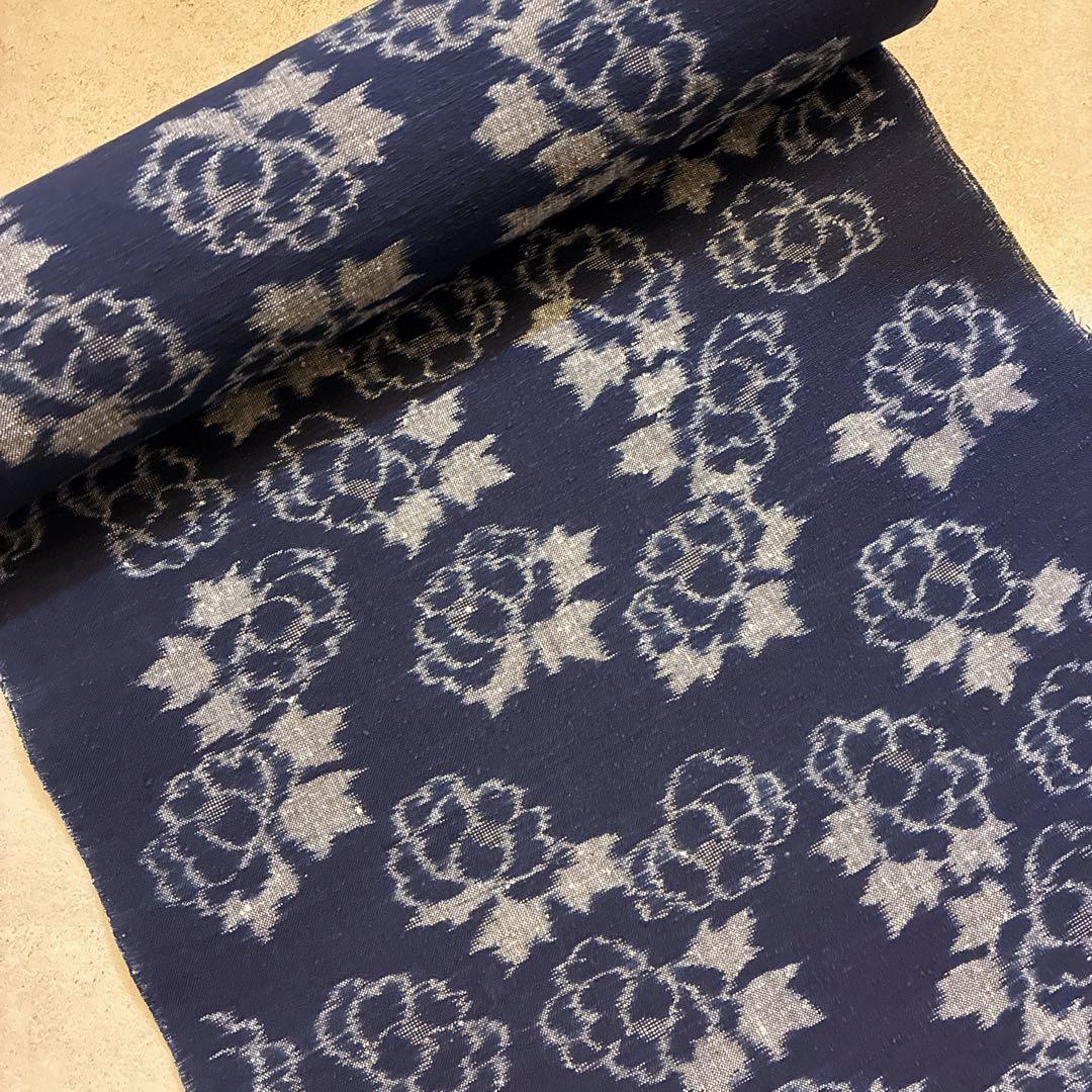 久留米かすり　反物　山村順吾　証紙　花絣　草花文様　藍色　綿