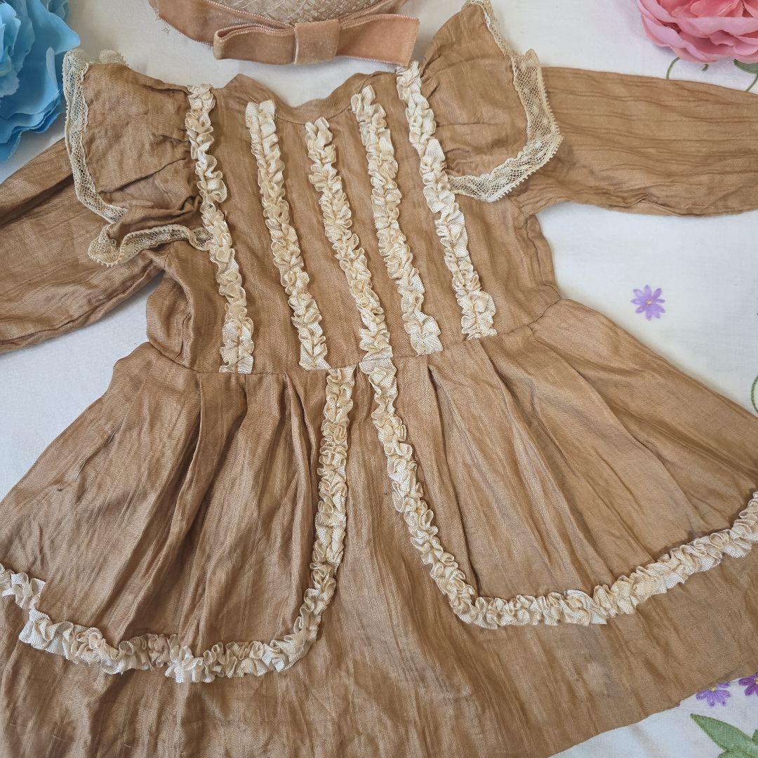 アンティーク　ビスクドール用ドレス　チョコレート色　布花ボネ付き