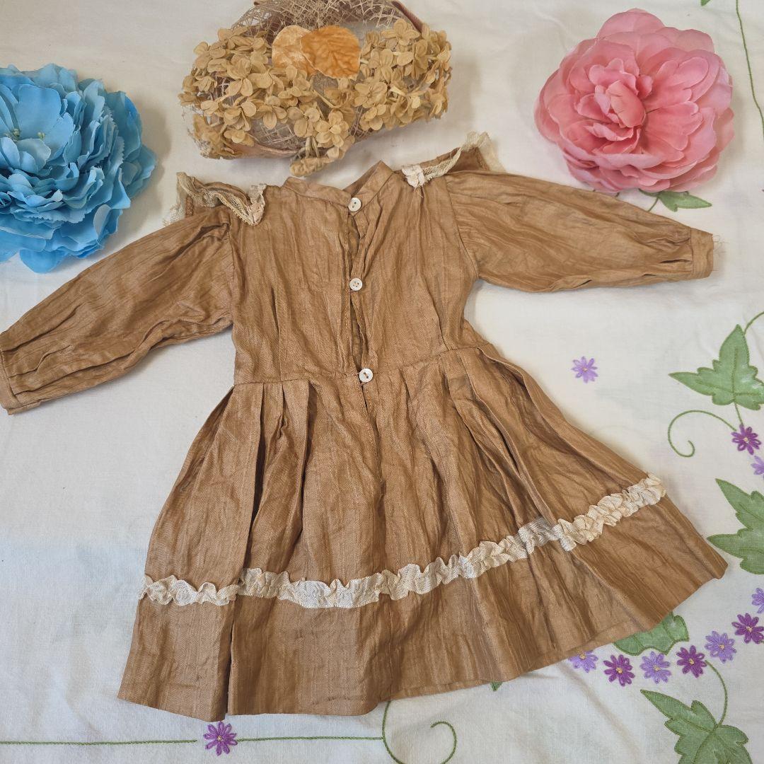 アンティーク　ビスクドール用ドレス　チョコレート色　布花ボネ付き