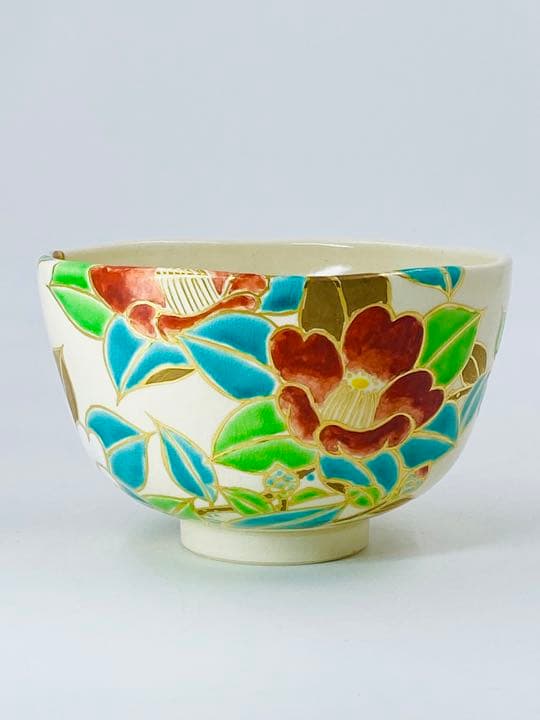 【加藤利昇】仁清写　椿　茶碗　桐共箱　共布　底部在銘　京焼　茶道具