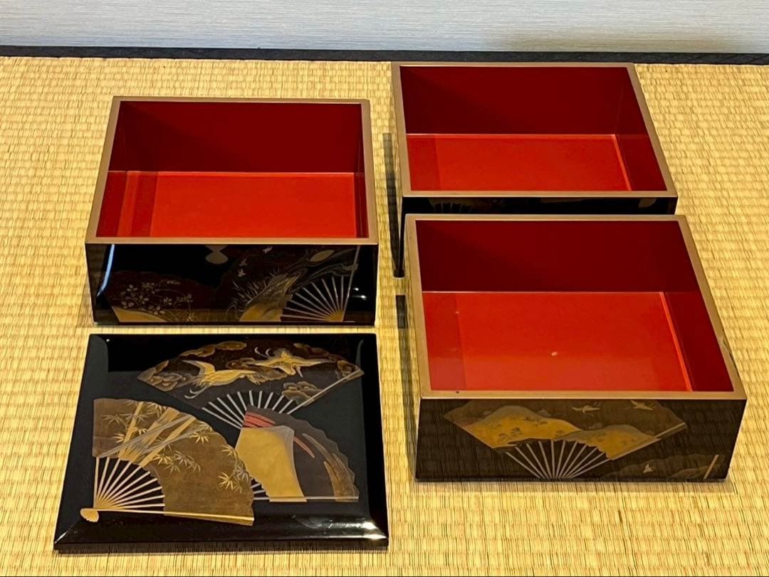 時代漆器 扇面金銀高蒔絵 三段重箱 / 加賀蒔絵 木製漆器 茶懐石道具