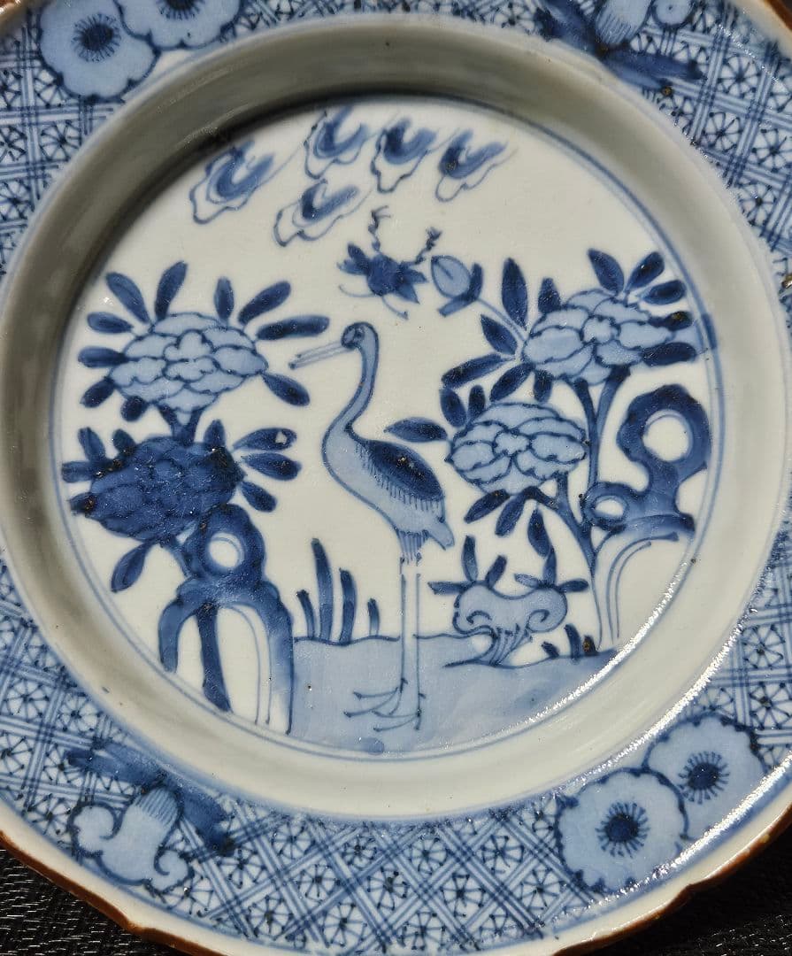 【上作品❗】【名品❗】江戸時代中期　古伊万里　染付　花に鶴図　16.5cm　兜皿