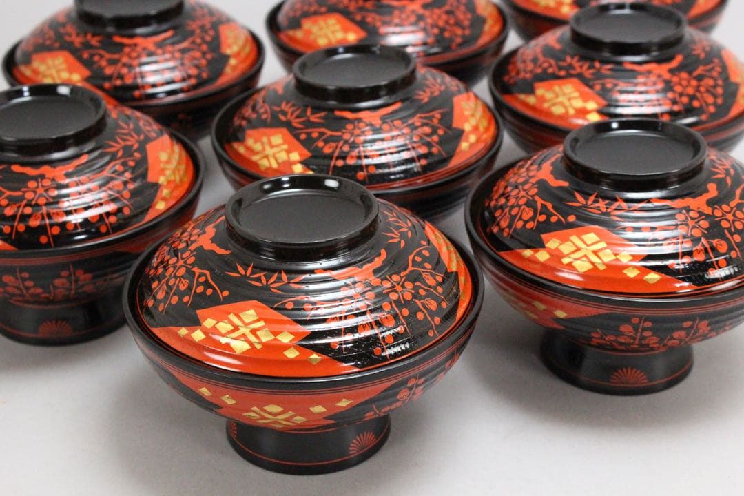 No4797秀衡塗　梅樹文蓋付椀　9客 木箱付　漆器　岩手　伝統工芸　送料無料