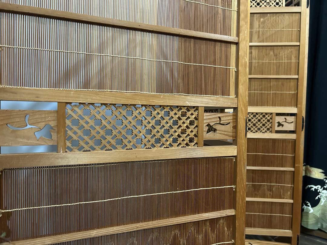 【火星人】古い竹簾屏風 衝立 パーテーション 四連 透かし彫り 古道具