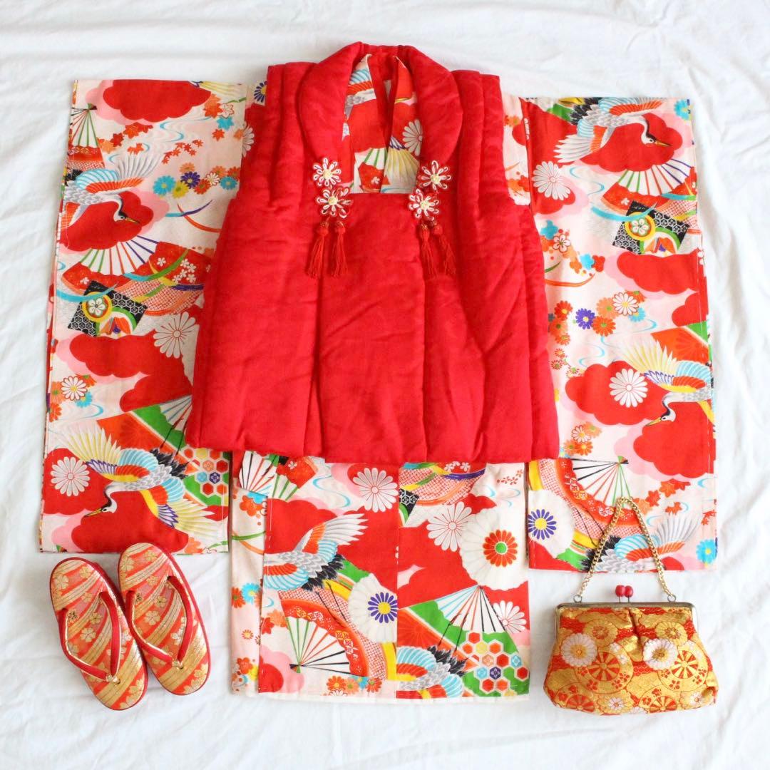 七五三 3歳 女の子 子供 アンティーク 鶴 着物 被布 セット