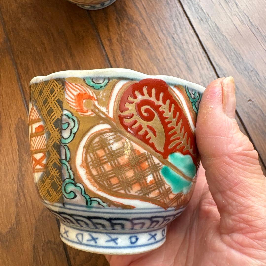 期間限定最終処分特価逸品古伊万里色絵蕎麦猪口　完品五客セット大きめ　素敵な雰囲気