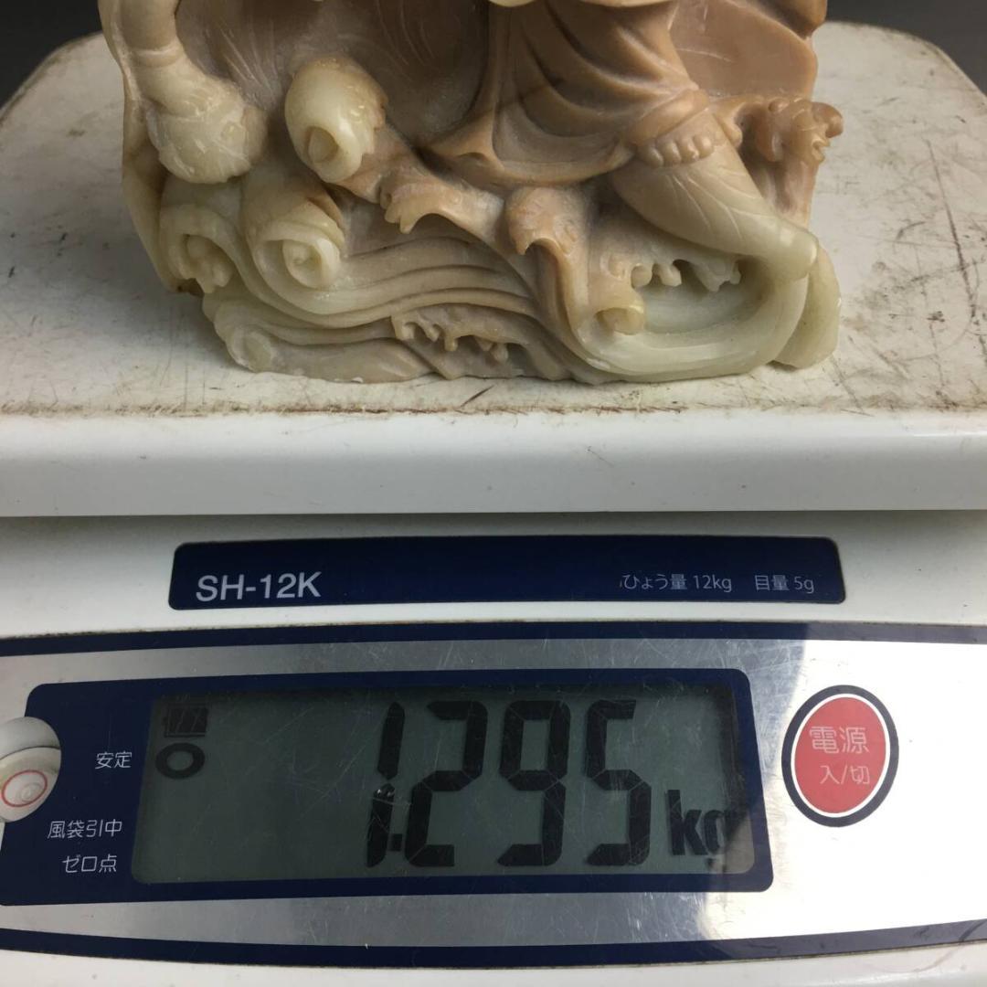 中国美術 唐物 寿山石 観音菩薩立像 童子 鳥 置物 約1.3kg