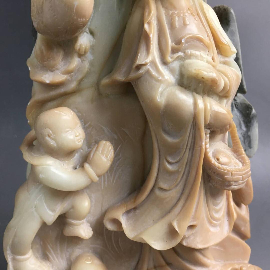 中国美術 唐物 寿山石 観音菩薩立像 童子 鳥 置物 約1.3kg