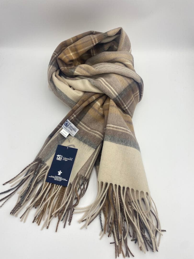 JOHNSTONS ジョンストンズ　大判チェック　ナチュラルドレスマフラー