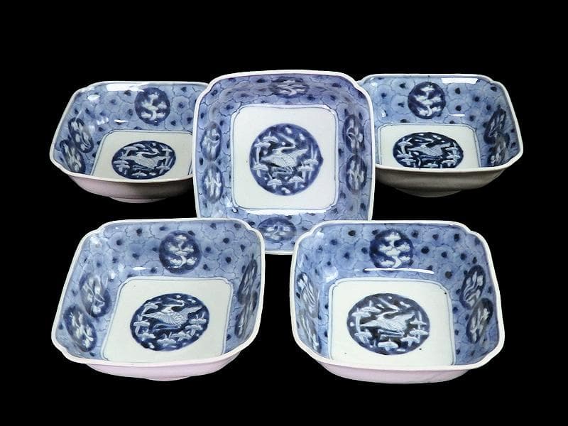 古伊万里　染付　撫子繋ぎ　丸紋に松と鶴の図 四方皿　５客　A055AS-CXs