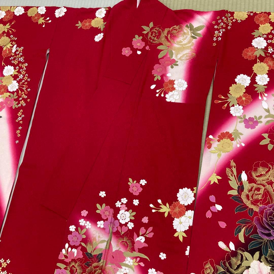 ☆中古品☆振袖　単品　正絹　赤系花模様B級品難あり振袖
