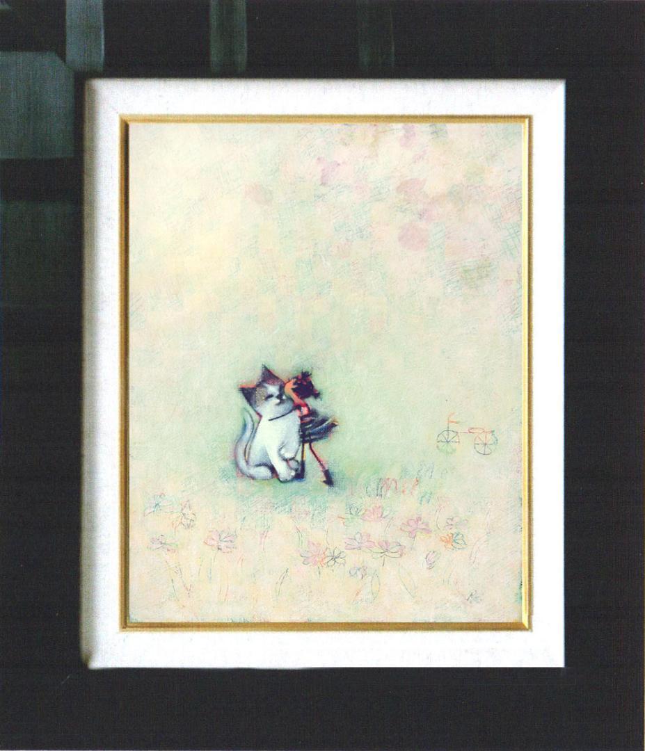 油絵菅家令子絵 絵画インテリア額付(青緑＋金色の枠)F3-051621子猫女の子