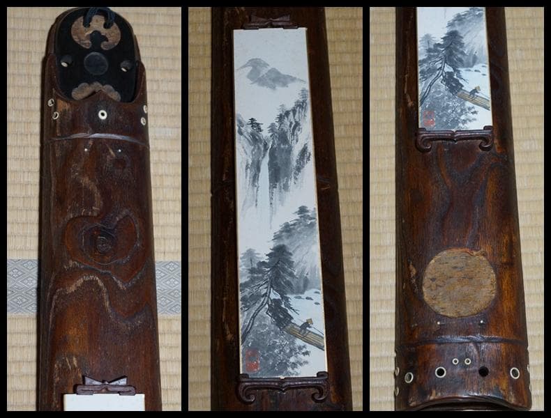 茶道具 江戸期 大型古材短冊掛 古裂装飾 裏透かし彫り『日月』★時代物★希少品