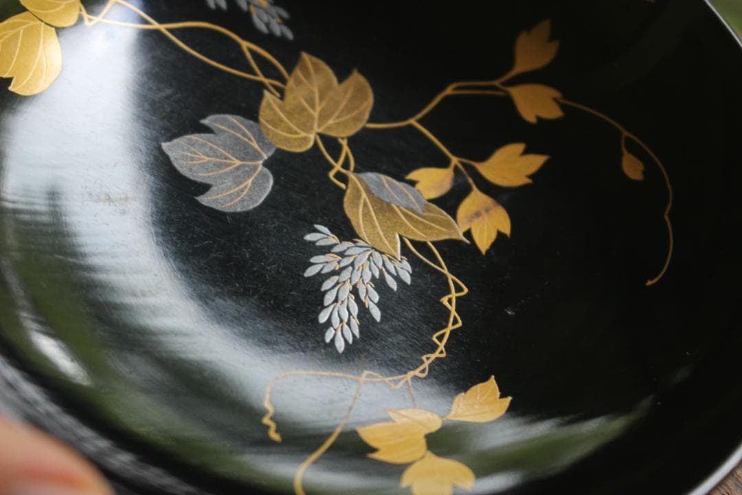 小傷有！時代黒漆に極上草花蒔絵の映える煮物椀5点（検輪島塗京塗蒔絵椀雑煮椀
