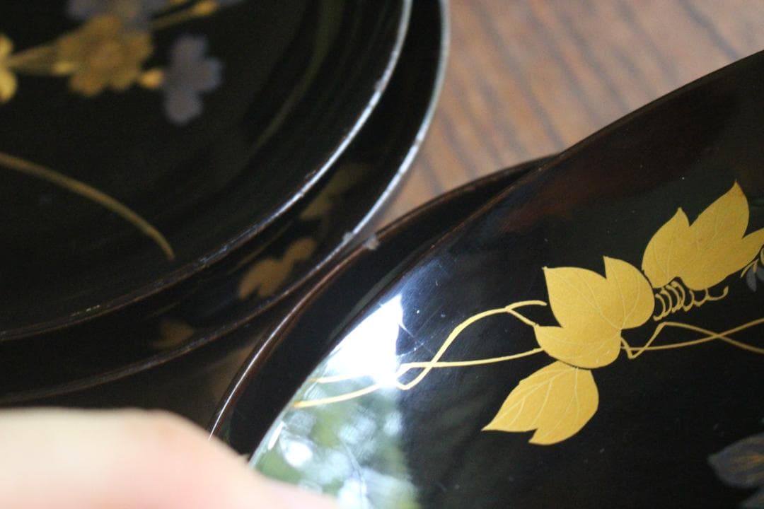 小傷有！時代黒漆に極上草花蒔絵の映える煮物椀5点（検輪島塗京塗蒔絵椀雑煮椀