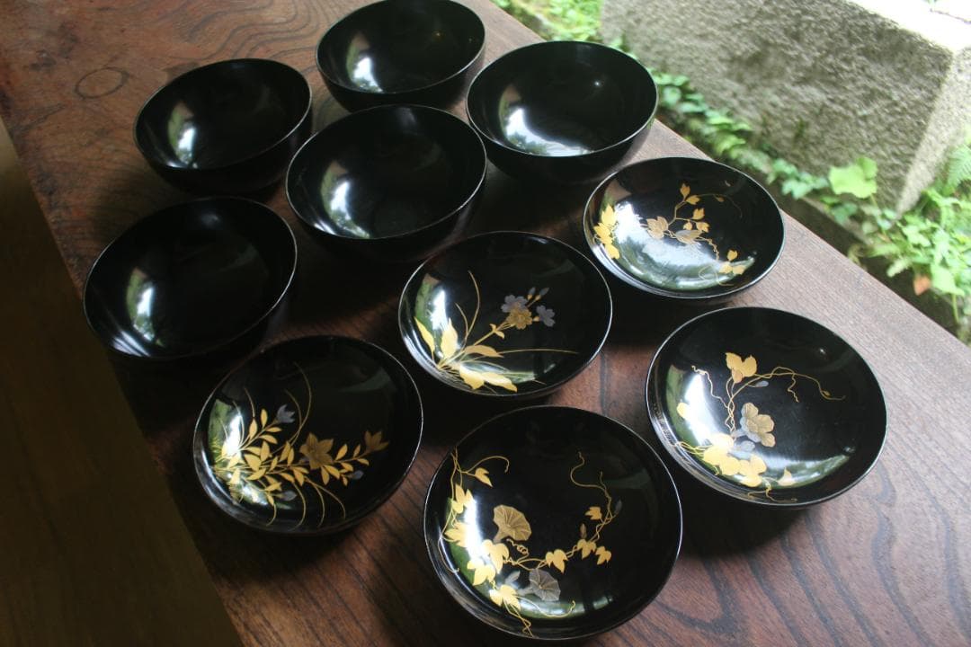 小傷有！時代黒漆に極上草花蒔絵の映える煮物椀5点（検輪島塗京塗蒔絵椀雑煮椀