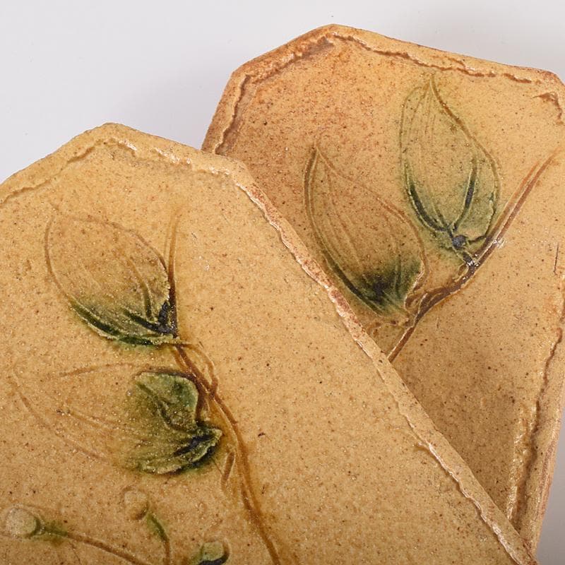 和食器　りんどう窯　小松幸代作　黄瀬戸　草文　長方皿　五客　共箱　D　R8175