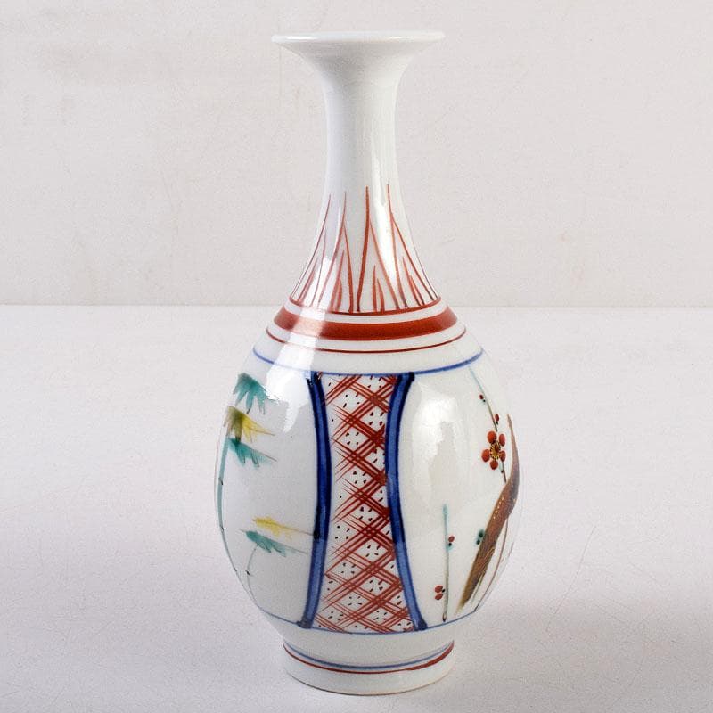 九谷焼　松本佐吉作　色絵松竹梅文　花瓶　共箱　Z　8576