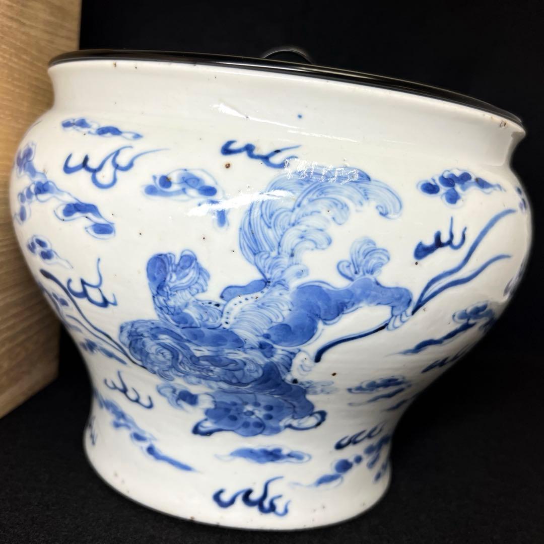 中国清時代　新渡青花雲龍図　水指　木箱付直径20㎝　トサエ東な7-1011☆2F