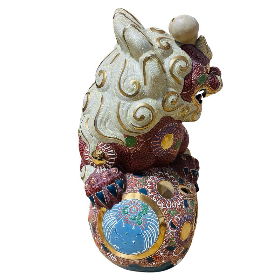 【特大】九谷焼 玉乗り 獅子 赤 金 オブジェ 縁起 厄払い 置物