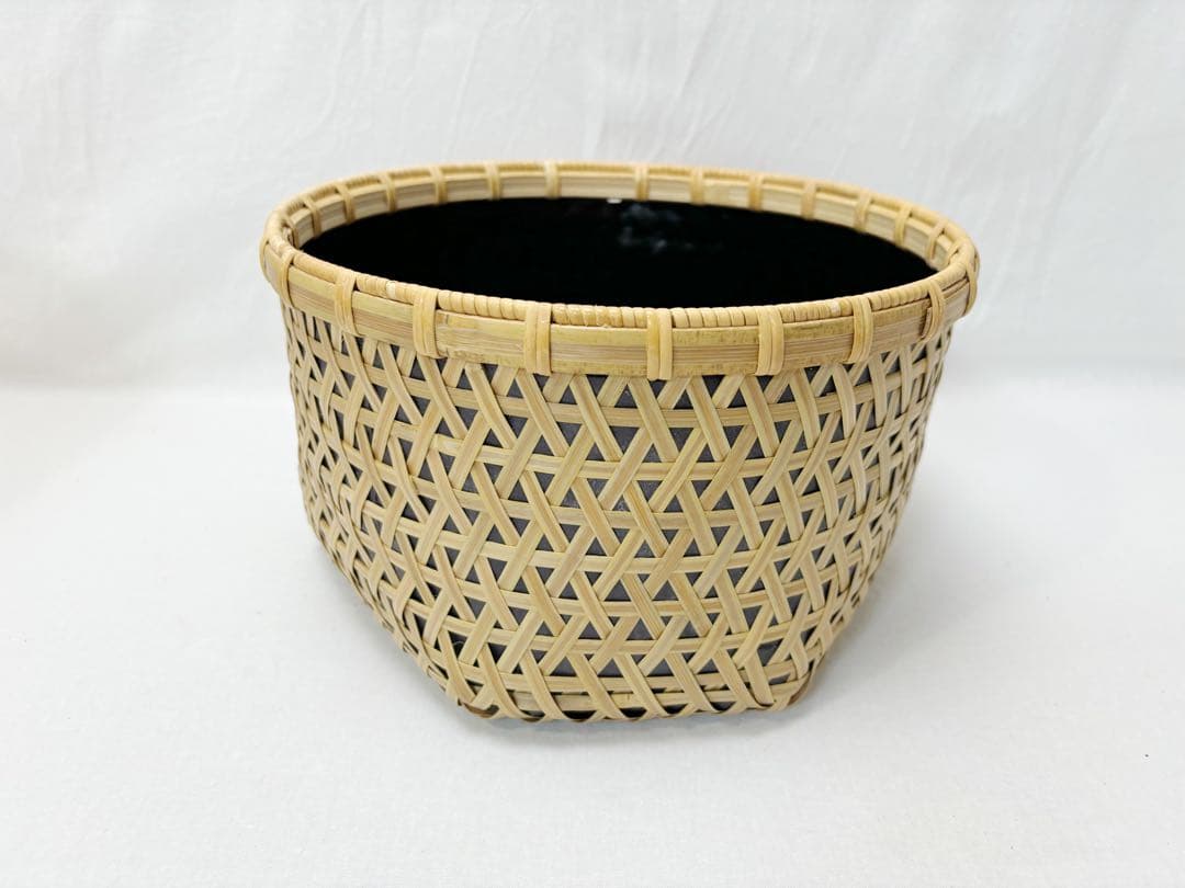 未使用 茶道具 平安 竹美斎作 利休好 鱗篭竹炭斗 刻印 炭取り 竹工芸 共箱