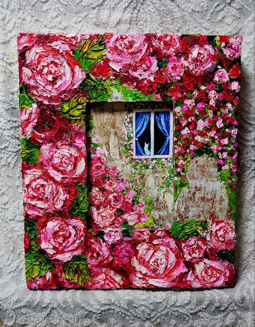 油絵 絵画【猫とピンク薔薇】