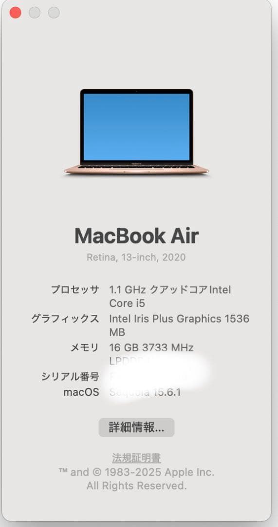 MacBook Air 2020 13インチ 16GB/256GB ゴールド