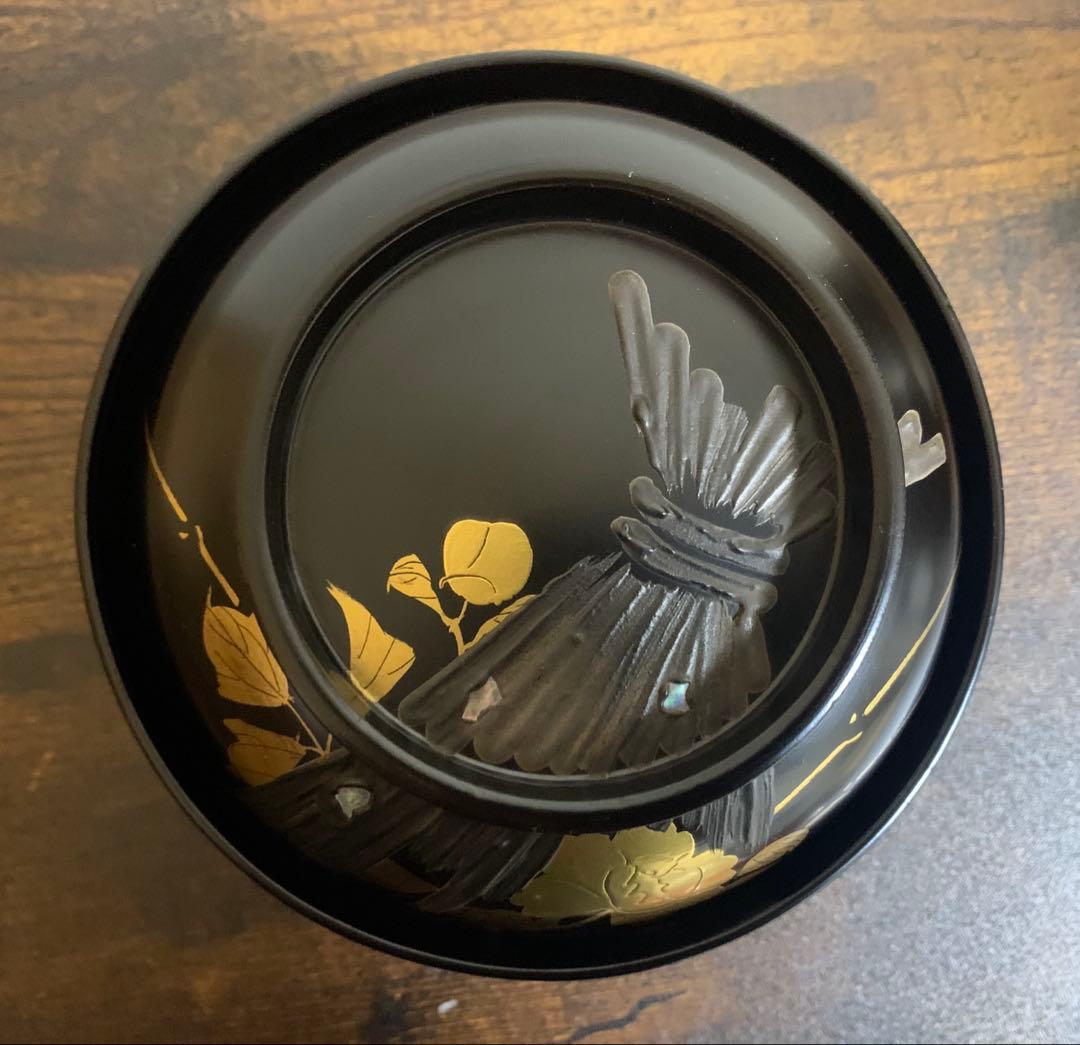 沈金蒔絵　木製漆塗吸物椀10客　時代物　お椀　汁椀　貝細工　芍薬　結び切り