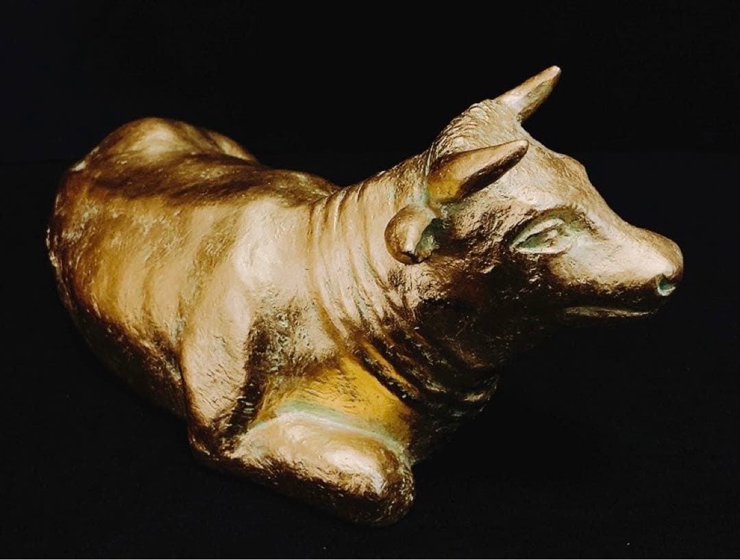 【希少】彫刻家 富永直樹 「福牛」文化勲章受章 ブロンズ像 本金箔仕上 共箱付き