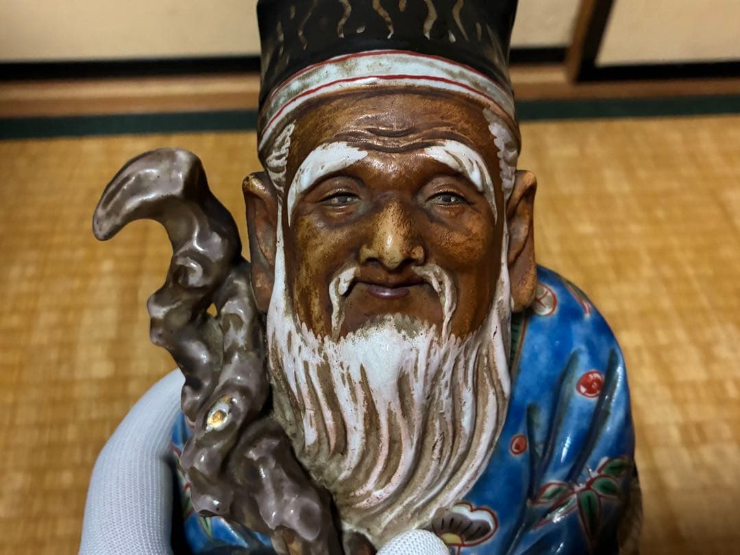 九谷焼 古九谷 金彩 色絵 寿老人 木箱付 33.0㎝！