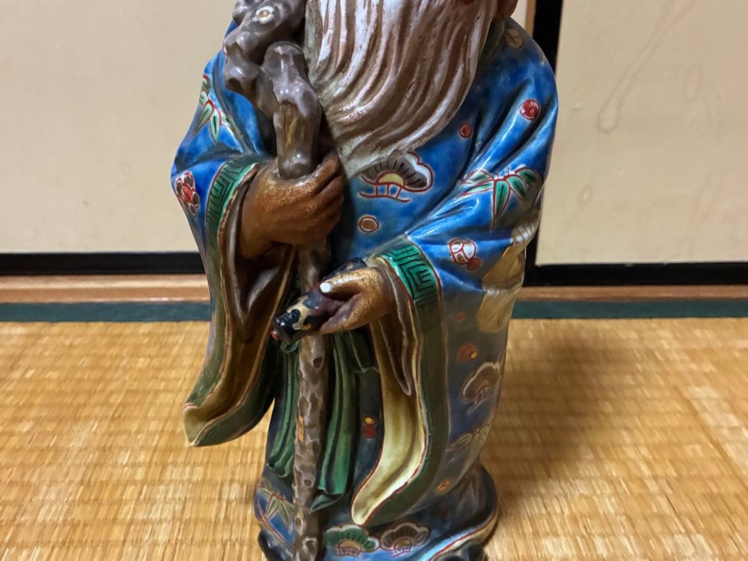 九谷焼 古九谷 金彩 色絵 寿老人 木箱付 33.0㎝！