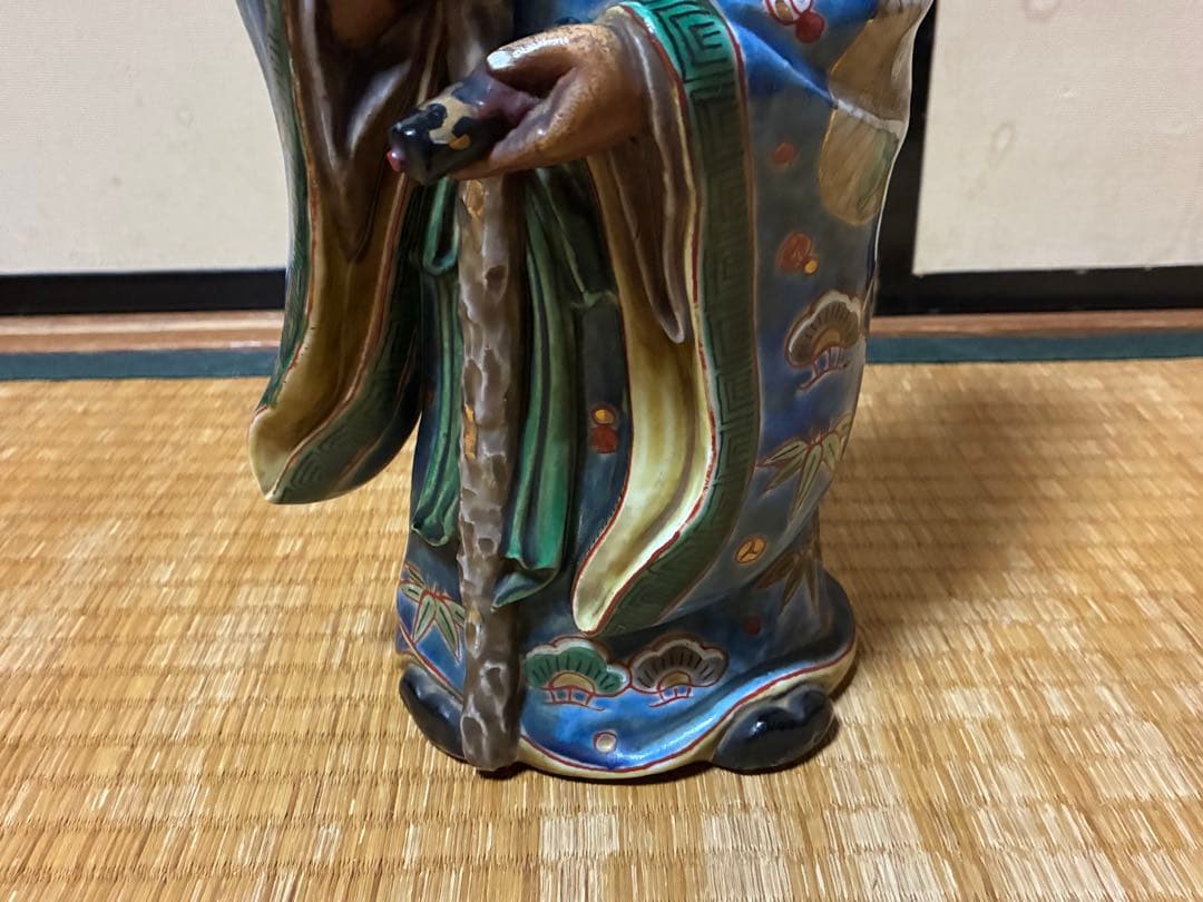 九谷焼 古九谷 金彩 色絵 寿老人 木箱付 33.0㎝！
