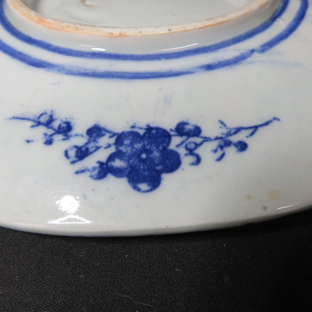 長丸皿 3枚 歪み 変形皿 花唐草 印判 染付 明治 大正