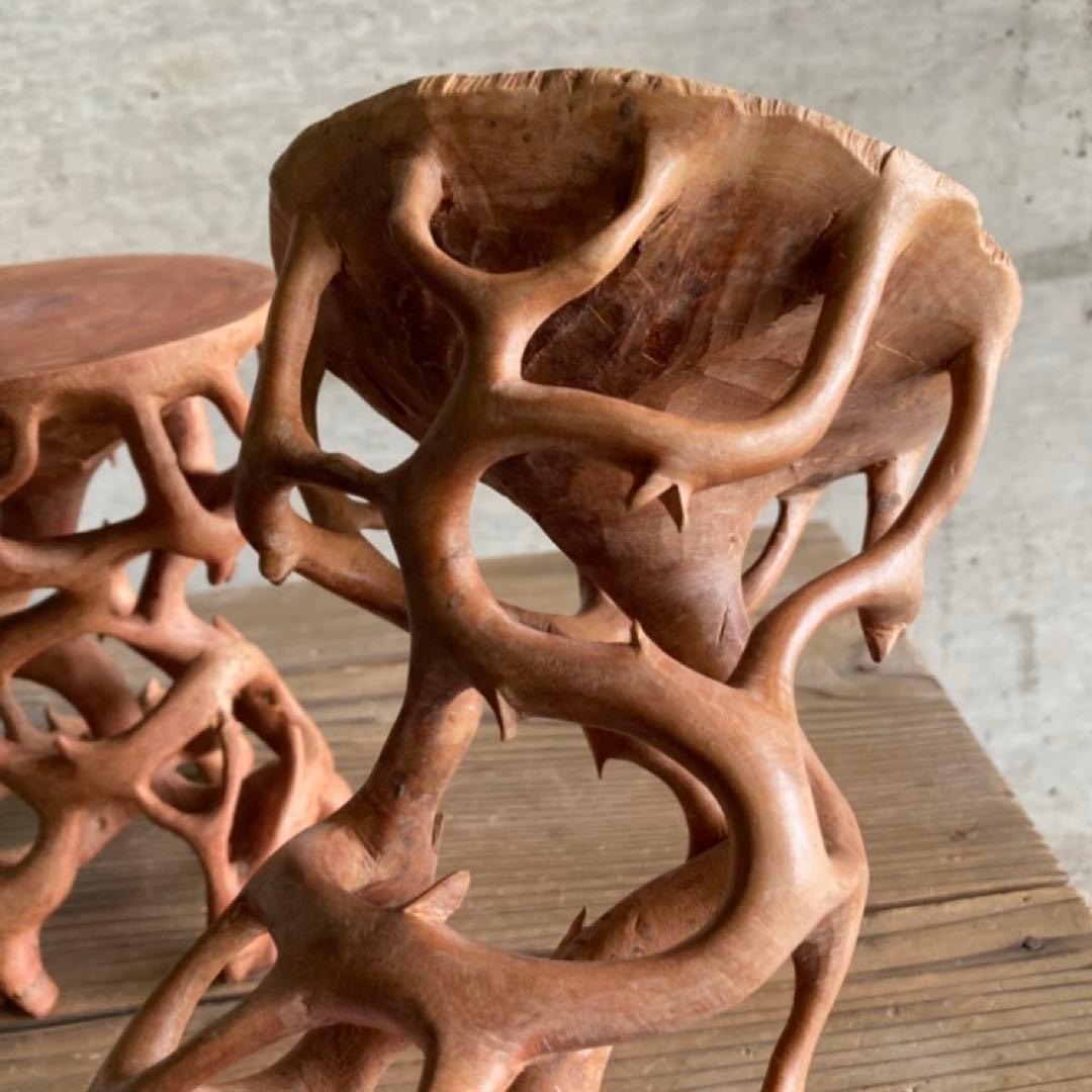 根卓 花台 香炉台 置物台 飾り台 盆栽 台座 オブジェ 木製 2点 レトロ