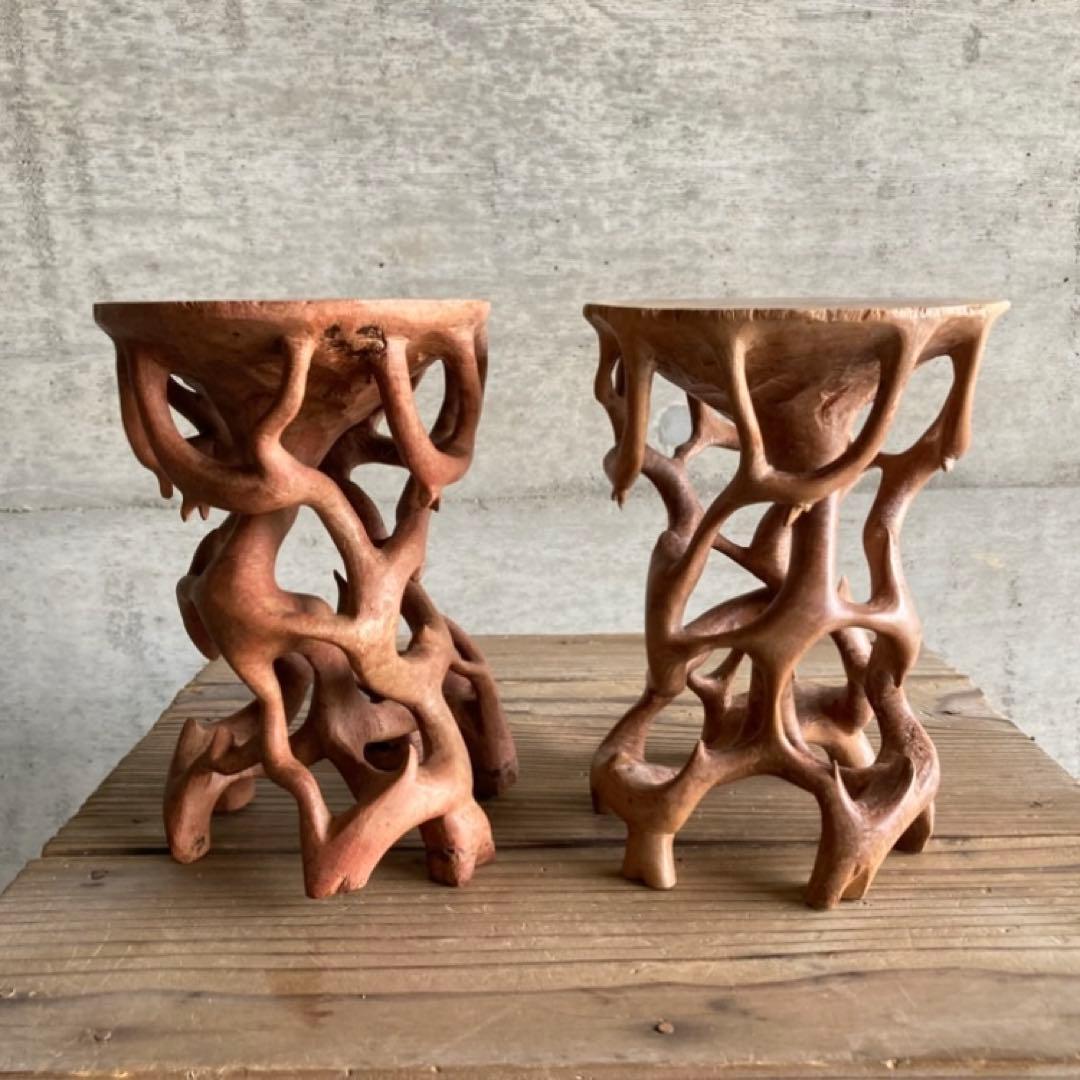 根卓 花台 香炉台 置物台 飾り台 盆栽 台座 オブジェ 木製 2点 レトロ