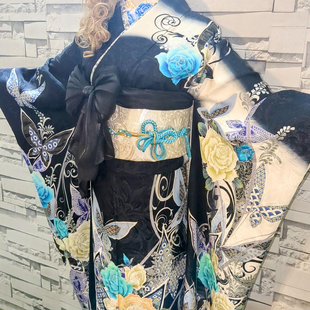 正絹振袖 駒刺繍 薔薇 蝶 銀通し 振袖セット 振袖フルセット 黒青白 62
