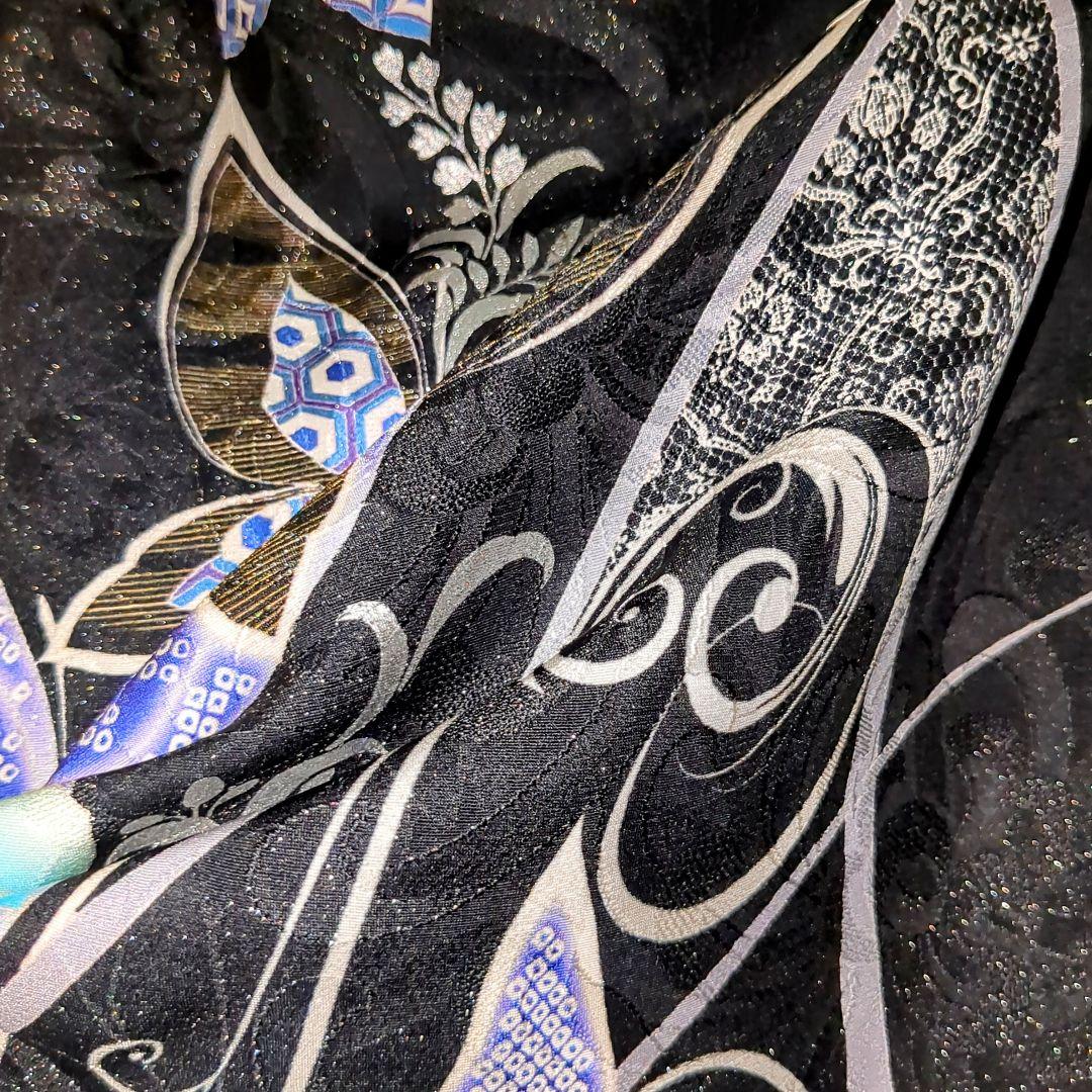 正絹振袖 駒刺繍 薔薇 蝶 銀通し 振袖セット 振袖フルセット 黒青白 62