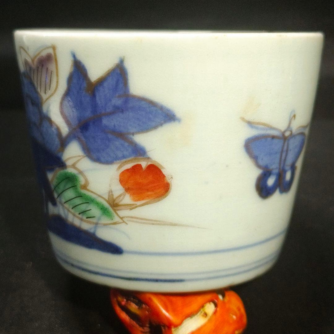 古伊万里 色絵金彩そば猪口 草花文 経菱 四方襷 花蝶文 手描き 蒐集家放出骨董