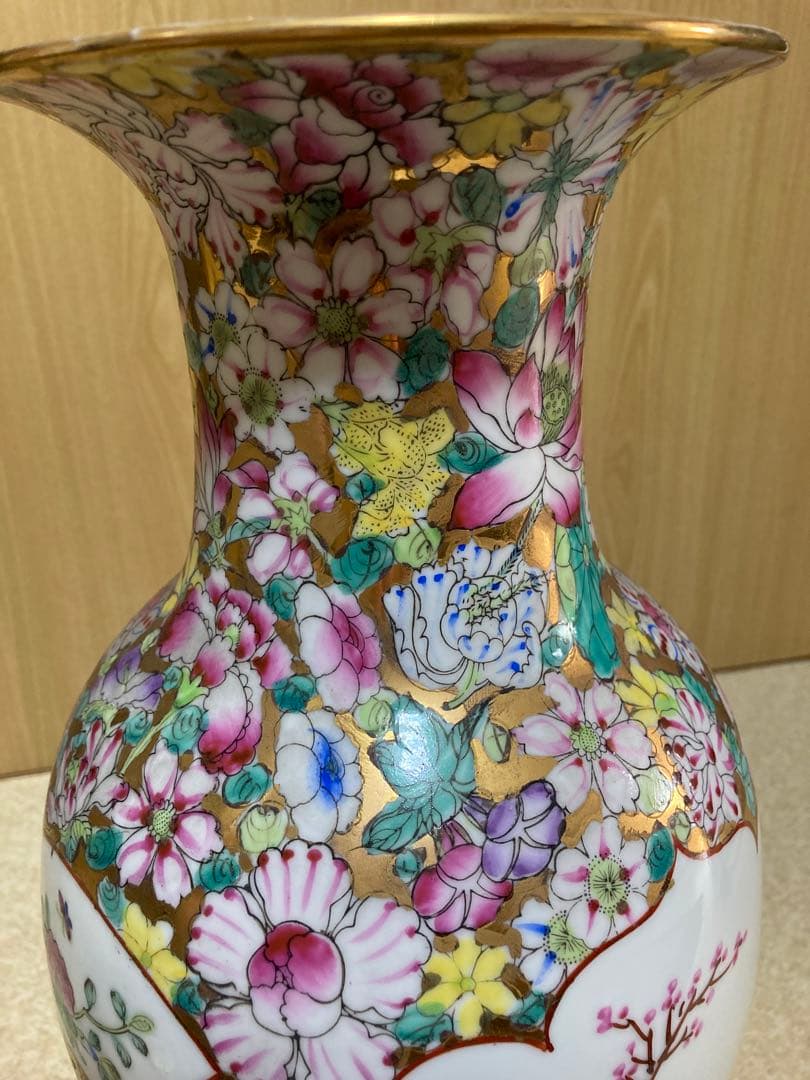 中国骨董／人物花鳥図／￼絵金百花瓶／亁隆年製铭