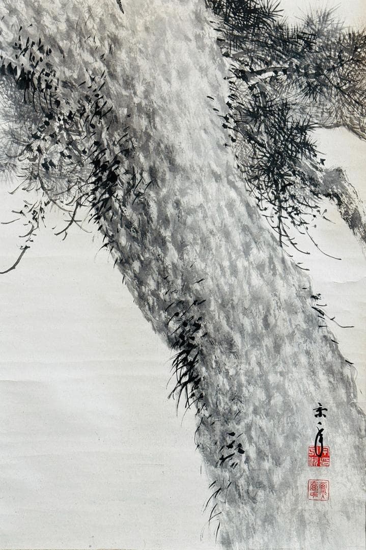 時代年代物 掛軸 水墨画 在銘 松に双鶴 日本画