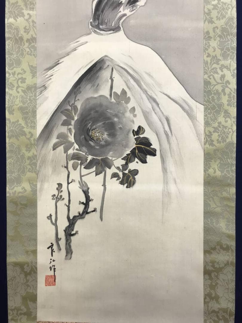 【真作】良弘/寒牡丹に雀図/牡丹図/花図/掛軸/名家伝来/AD-692