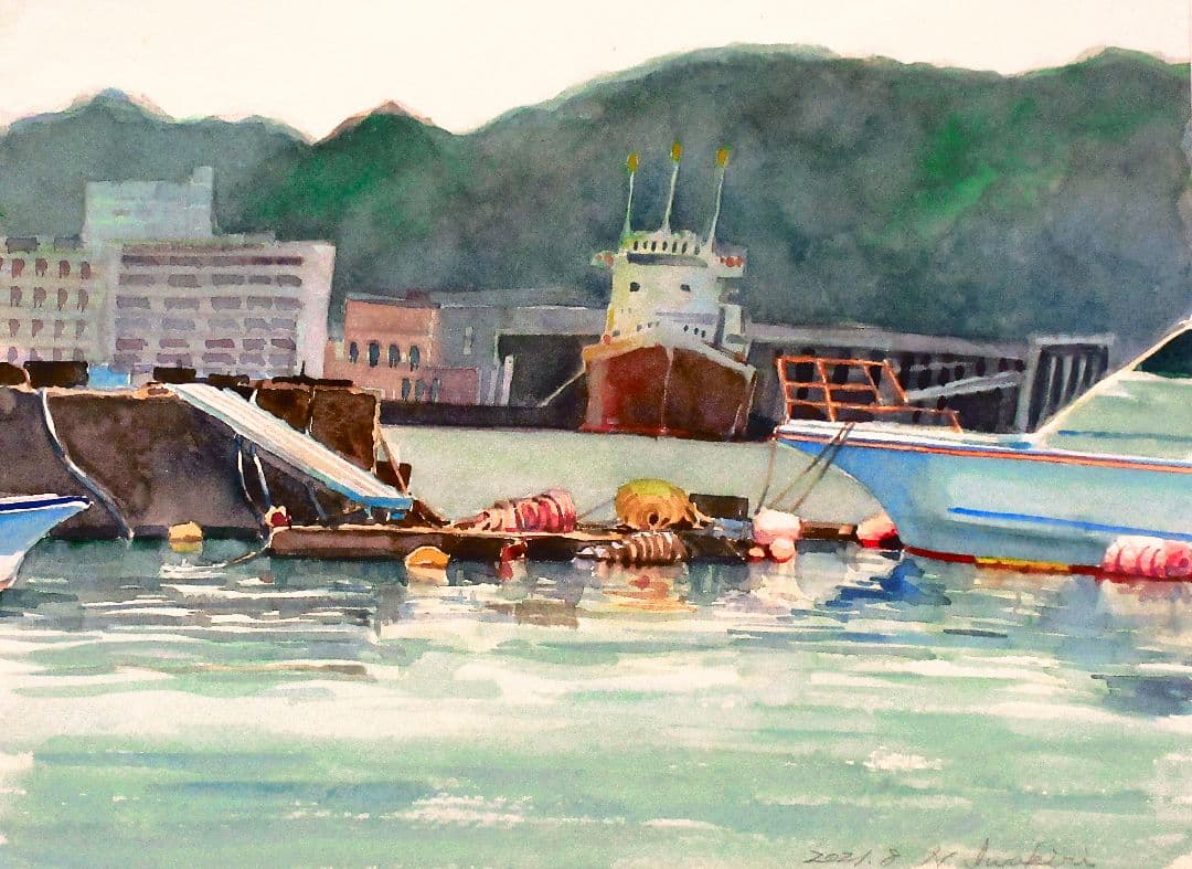 九里浜港を望む 水彩画 額縁付き