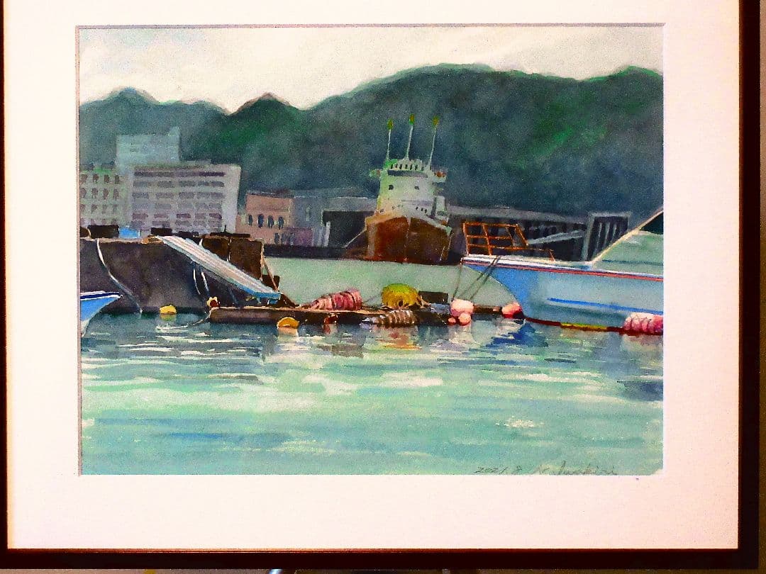 九里浜港を望む 水彩画 額縁付き