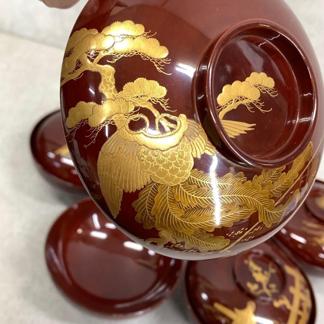 吸物椀 5客 絵変わり 塗り 溜絵 正月 賀正 金彩 汁椀 雑 C