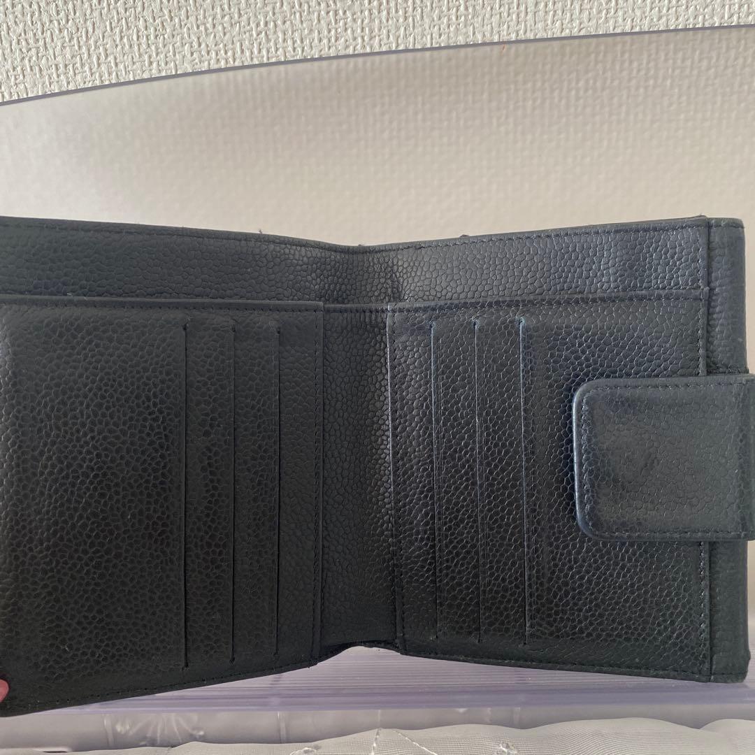 シャネル キャビアスキン チョコバー 二つ折り 財布 黒 Wホック EM201