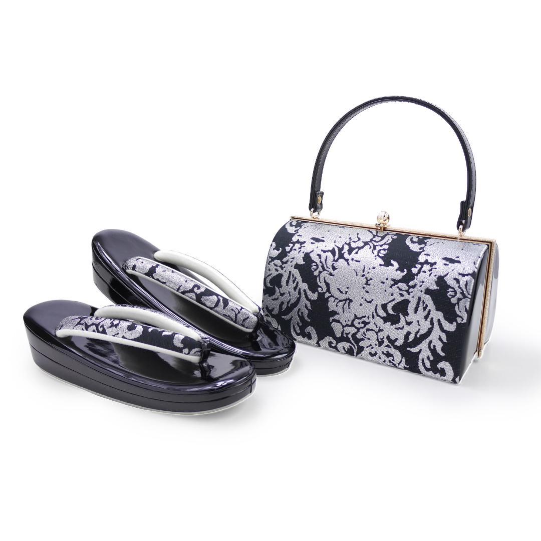 草履バッグセット 帯地 振袖 成人式 結婚 留袖 黒 銀 uzouri114-2