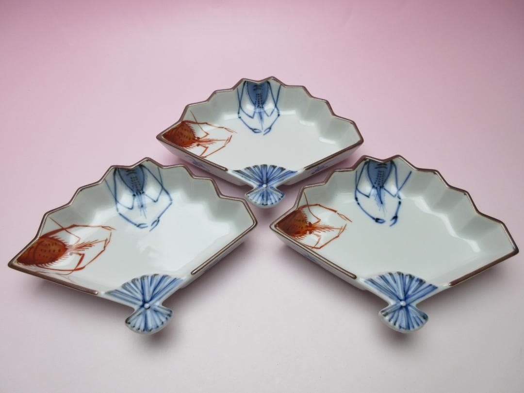 おまとめ　九谷 上出長左衛門 扇形 海老紋 向付 ５客 TN 103 70816